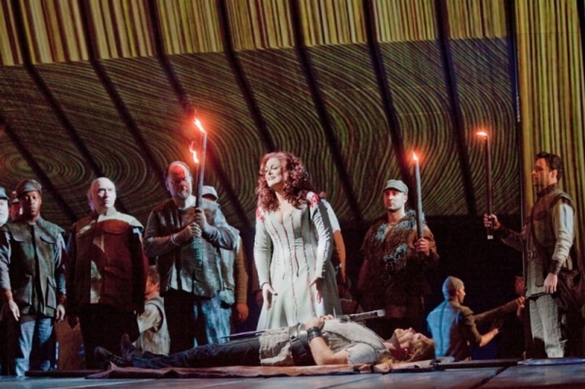 Deborah Voigt as Brunnhilde and Jay Hunter Morris as Siegfried in Wagner's Gotterdammerung at 