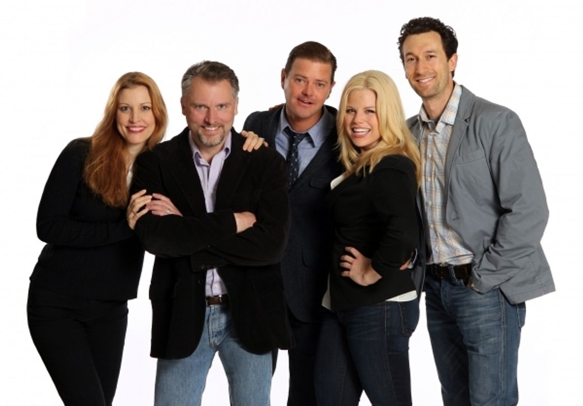 Rachel York, Stephen R. Buntrock, Clarke Thorell, Megan Hilty, Aaron Lazar. Photo Credit: Joan Marcus at 