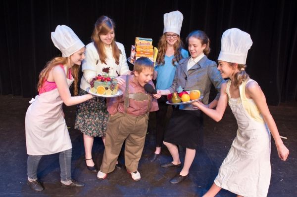 Maddy Jane Silver Riskin (Cook), Ashley Kiessling (Mrs. Gloop), Cole Emerine (Augustu Photo