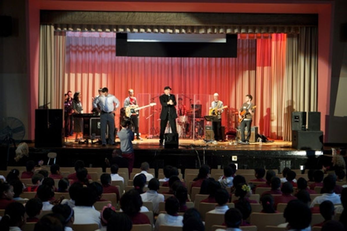 Director Phil McKinley welcomes the students and introduces the band of SPIDER-MAN Turn Off The Dark at 