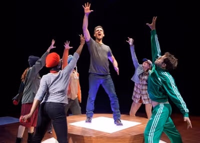 Adam Kantor as Jeff (center) and the cast of the World Premiere musical Nobody Loves  Photo