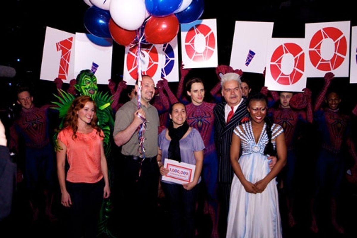 Yvelisse Fermin and her boyfriend Alex Hellinger with Rebecca Faulkenberry, Patrick Page, Reeve Carney, Michael Mulheren, Christina Sajous, and the Spider-Men at 