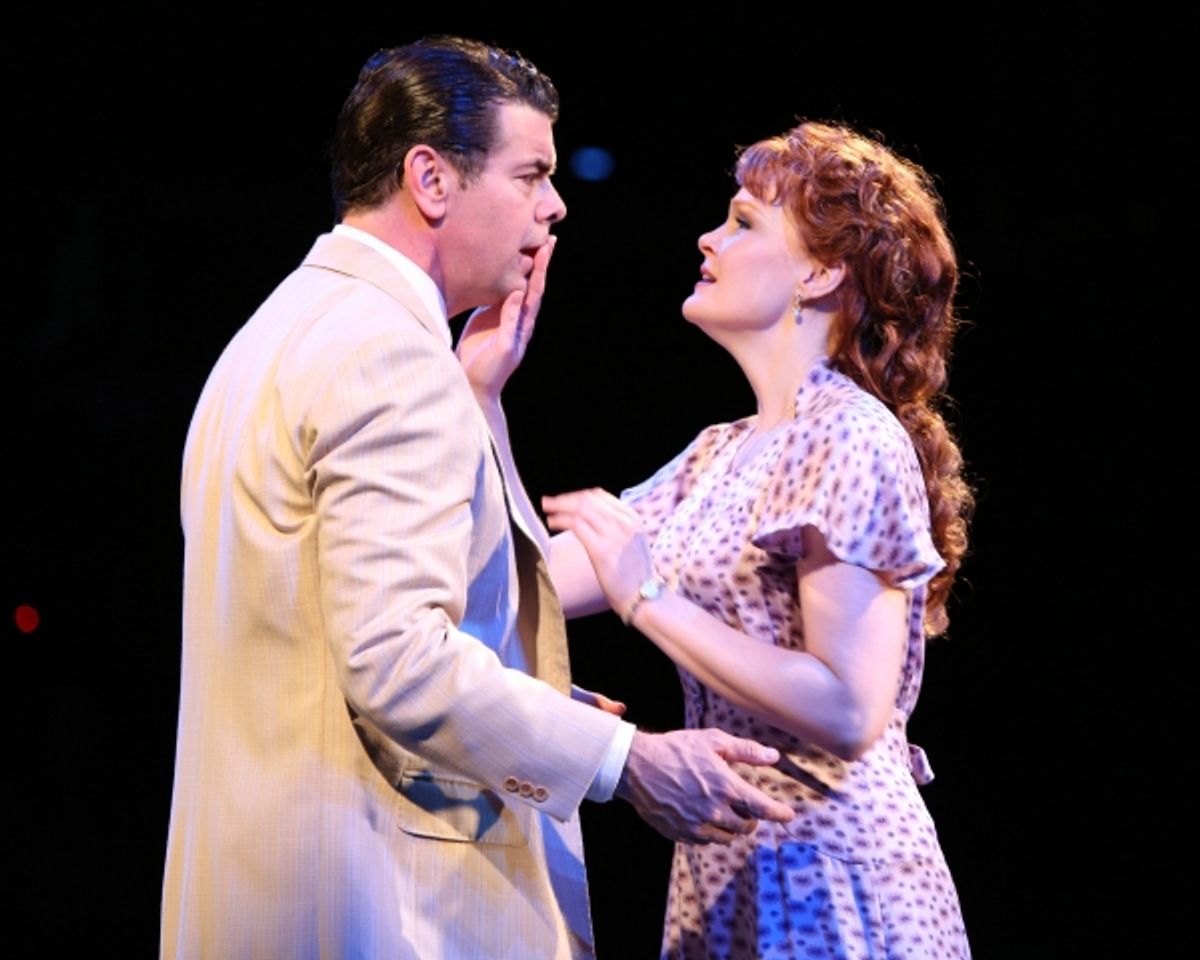 Burke Moses as Harold Hill and Kate Baldwin as Marian Paroo in Arena Stage at the Mead Center for American Theater at 
