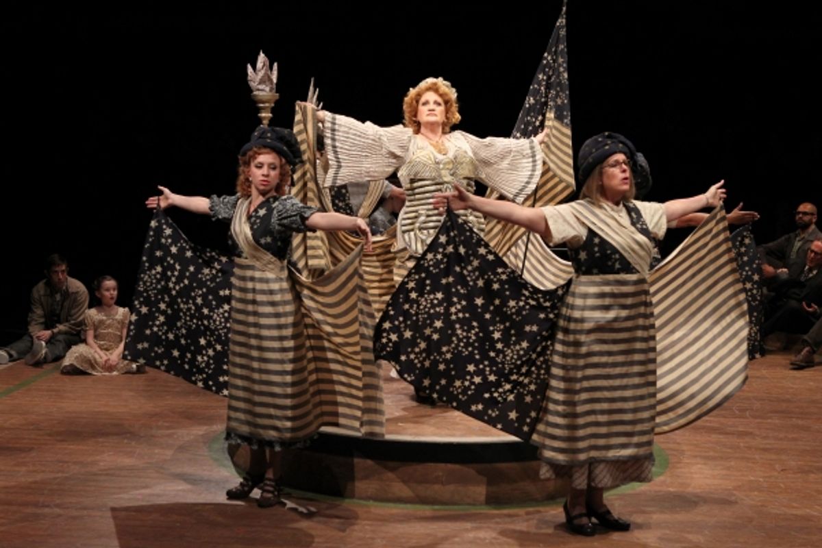 Katerina Papcostas as Ethel Toffelmier, Barbara Tirrell as Eulalie Mackecknie Shinn and Janet Aldrich as Maud Dunlop in Arena Stage at the Mead Center for American Theater at 