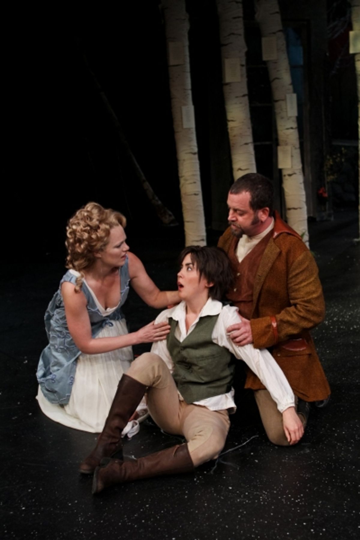 Rebecca Olson as Celia, Hana Lass as Rosalind, and Peter Dylan O'Connor as Oliver at 