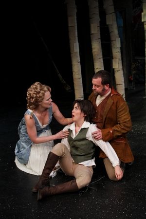 Rebecca Olson as Celia, Hana Lass as Rosalind, and Peter Dylan O'Connor as Oliver Photo