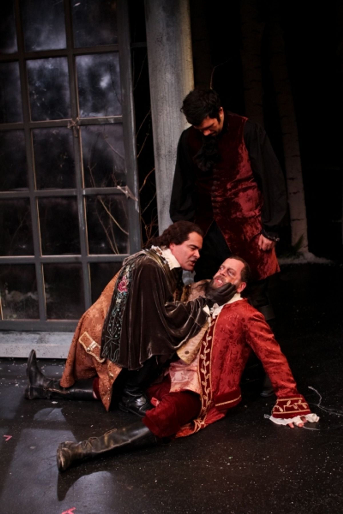 Jake Ynzunza as Charles, Ray Gonzalez as Duke Frederick, and Peter Dylan O'Connor as Oliver at 