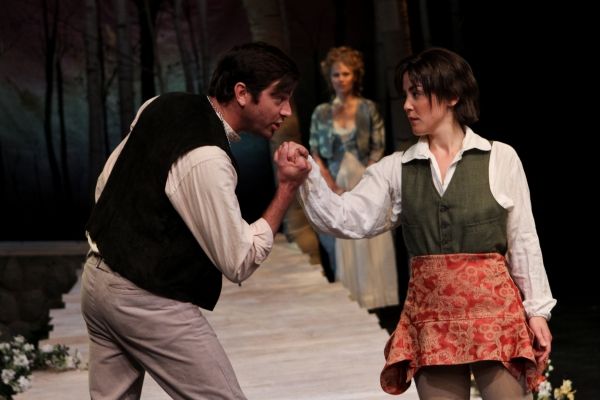 Nathan Graham Smith as Orlando, Rebecca Olson as Celia, and Hana Lass as Rosalind Photo