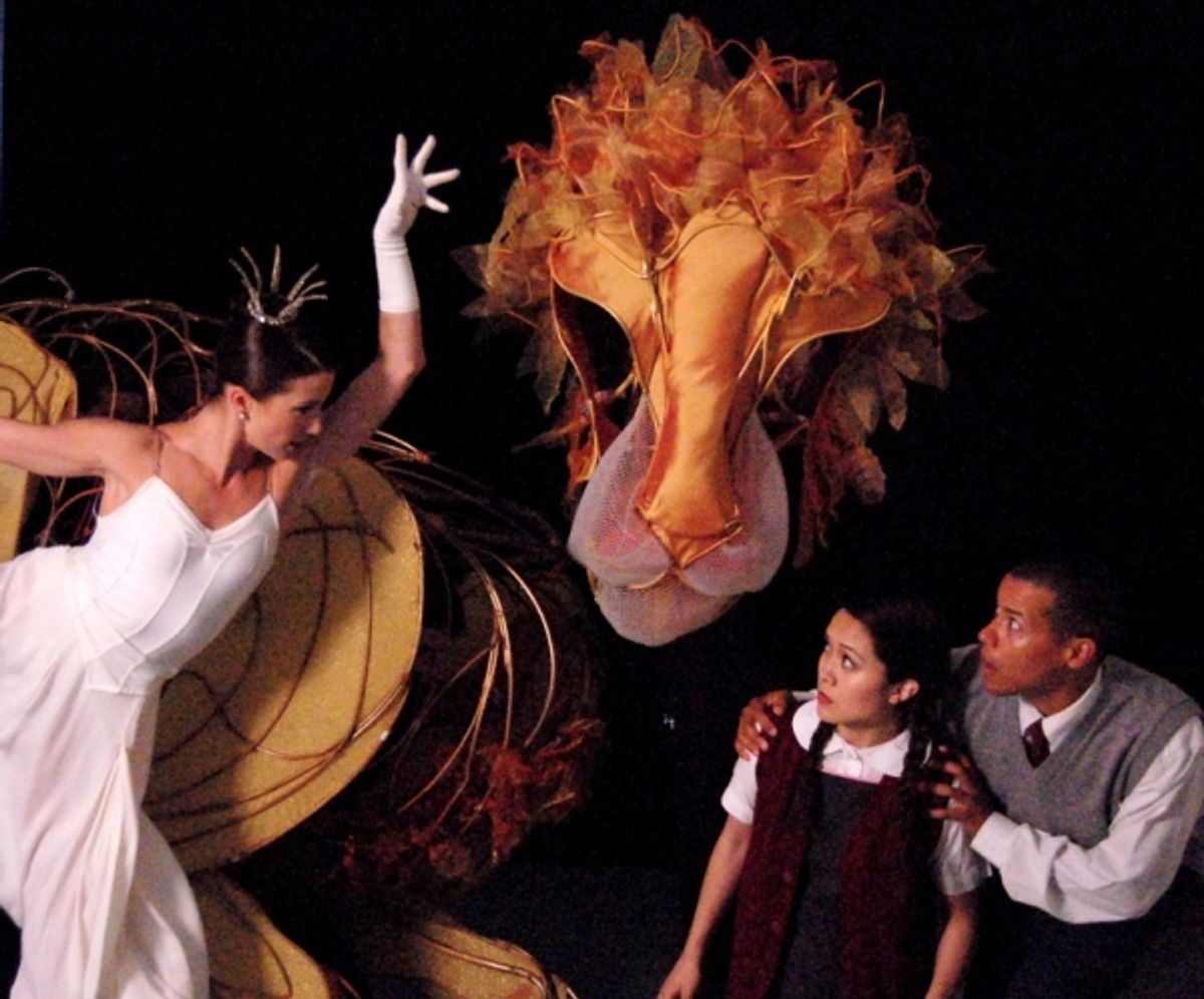 The White Witch (Morgann Rose), Aslan (portrayed by Michael John Casey, Betsy Rosen, and Tracy Ramsay), Lucy (Justine Moral), and Edmund (Rafael Cuesta) at 