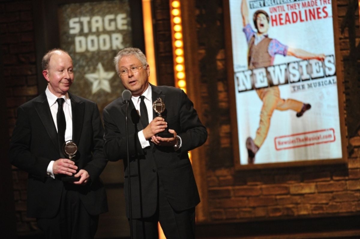 Alan Menken and Jack Feldman with their awards for Original score (music and/or lyrics) written for the theater for their work on 'Newsies' at the 66th annual Tony Awards in New York on June 10, 2012 at 