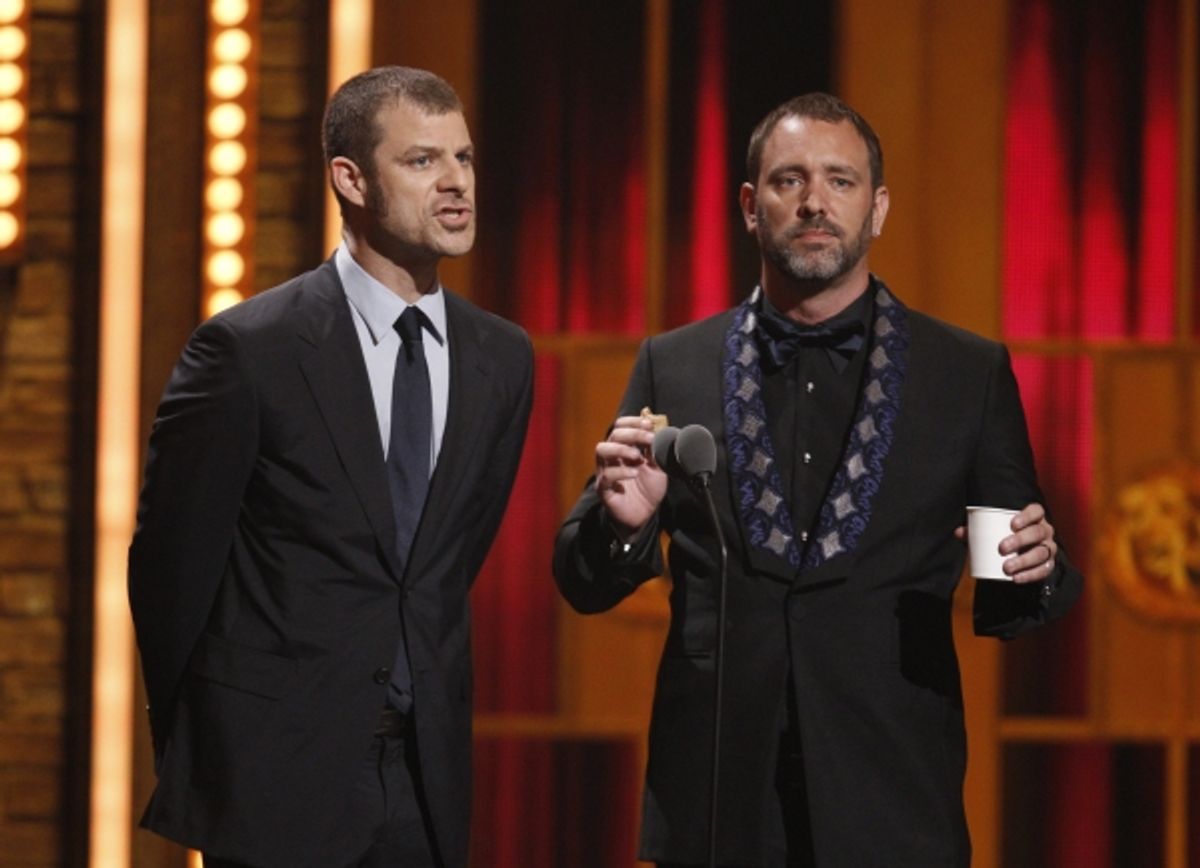 South Park creators and writers of 'The Book of Mormon' Matt Stone (L) and Trey Parker present an award at 