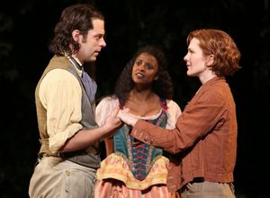 David Furr, Renee Elise Goldsberry, and Lily Rabe in the Shakespeare in the Park prod Photo