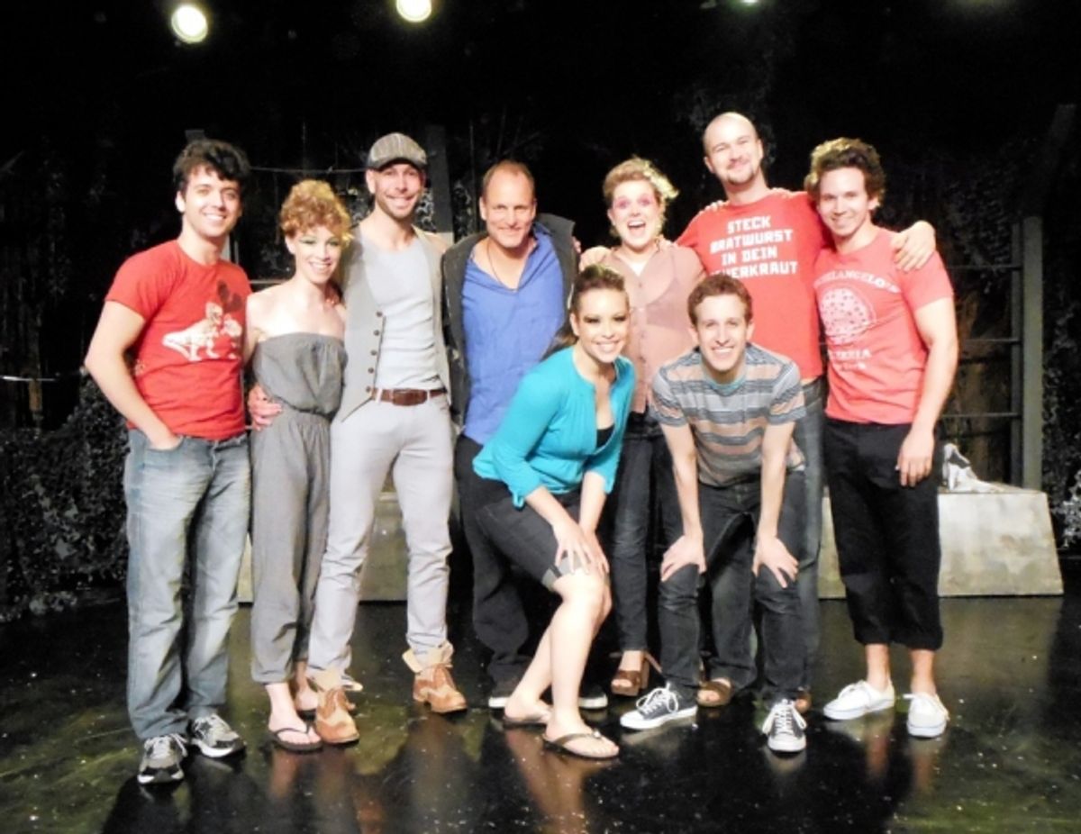 Woody Harrelson (center) with Director/Co-Writer Marshall Pailet (left) and the Entire Cast of TRIASSIC PARQ The Musical at the SoHo Playhouse
 at 