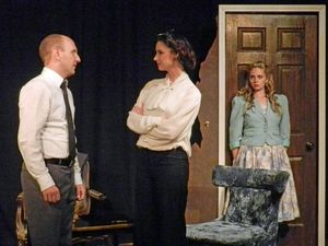 Brandon Hobratschk as Joseph Garcin, Meg Wozniak as Inez Serrano, and Betty Marie Muessig as Estelle Regault @ BroadwayWorld Brandon Hobratschk as Joseph Garcin, Meg Wozniak as Inez Serrano, and Betty Marie Mue Photo