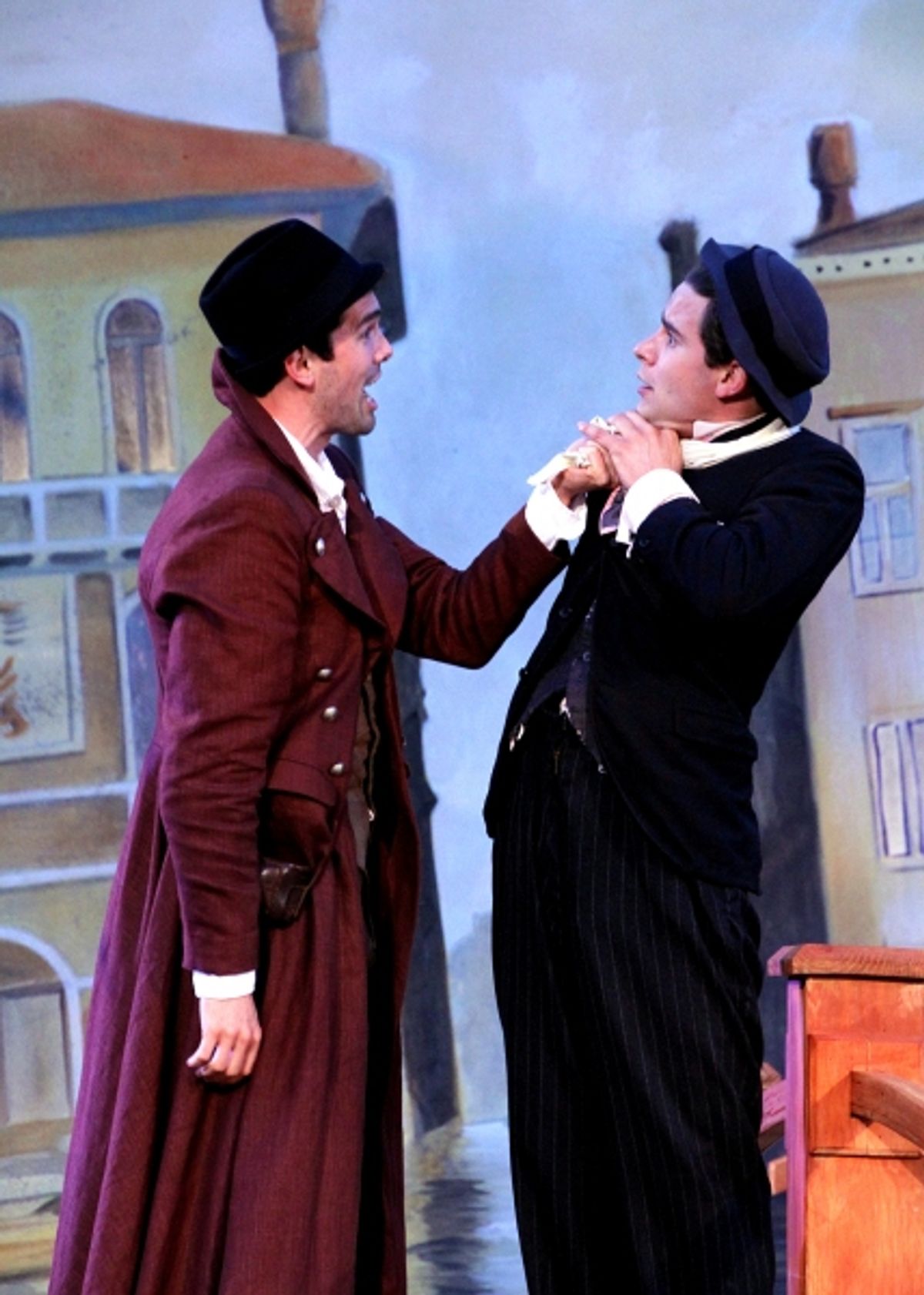 Matthew Simpson as Antipholes of Syracuse argues with his attendantÃ¢â‚¬â„¢s twin, Dromio of Ephesus played by Sean Hudock at 