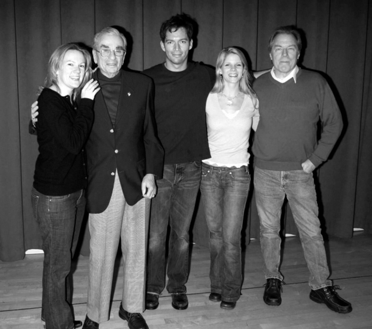 A candid photo op with the cast of the Roundabout Theatre Company's Broadway Production of 'THE PAJAMA GAME' (starring Harry Connick, Jr., Kelli O'Hara & Michael McKean pictured with Richard Adler and Director / Choreographer Kathleen Marshall) at the Duk at 