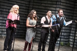 Mary Lahti, Theresa Fowler, Aaron J. Libby and Adam Shapiro. Photo Credit: Kevin Thomas Garcia @ BroadwayWorld Mary Lahti, Theresa Fowler, Aaron J. Libby and Adam Shapiro. Photo Credit: Kevin Thom Photo