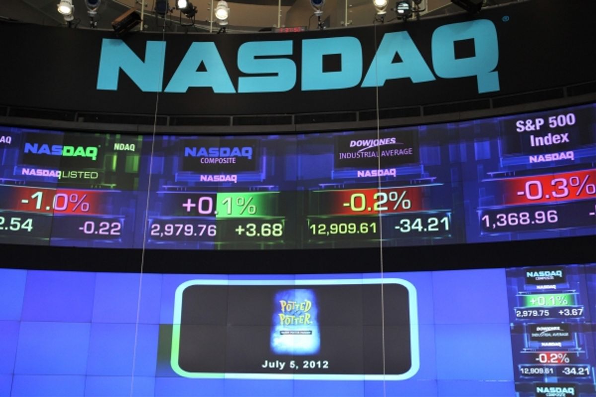 Jefferson Turner & Daniel Clarkson from the Off-Broadway Smash Hit 'Potted Potter' ring the closing bell at NASDAQ at 