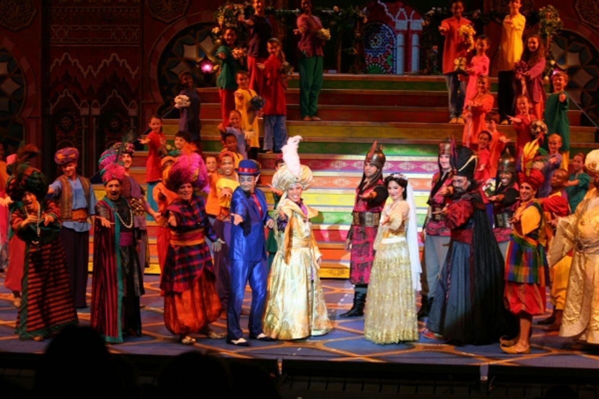 Robin De Jesus, John Tartaglia, Samantha Massell and the cast of ALADDIN! at 