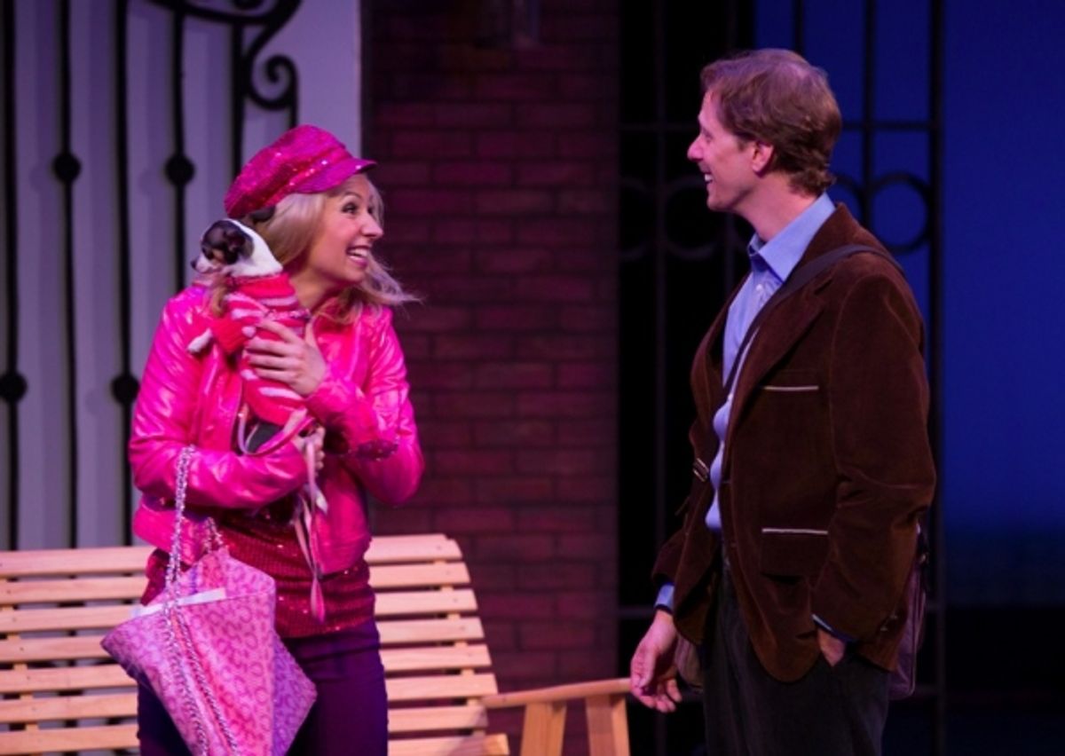 Elle Woods (Caitlin Elizabeth Reilly*) introduces her dog, Bruiser to Emmett Forrest (Jamie Koeth*), a teaching assistant at Harvard Law School at 