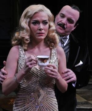 (Left to Right) Laura E. Campbell as Lucia Amory and James Black as Hercule Poirot in the Alley Theatre’s production of Agatha Christie’s BLACK COFFEE. @ BroadwayWorld (Left to Right) Laura E. Campbell as Lucia Amory and James Black as Hercule Poirot in Photo