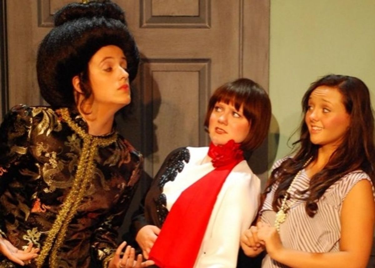 Mrs. Meers (Emmalee Dixon, L) introduces herself to Millie (Molly Will, C) and Miss Dorothy (Brianna Weaver, R,) at 