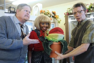 Mark Dissette as Mushnik, Kathi Wood as Audrey and Daniel Traylor as Seymor Photo