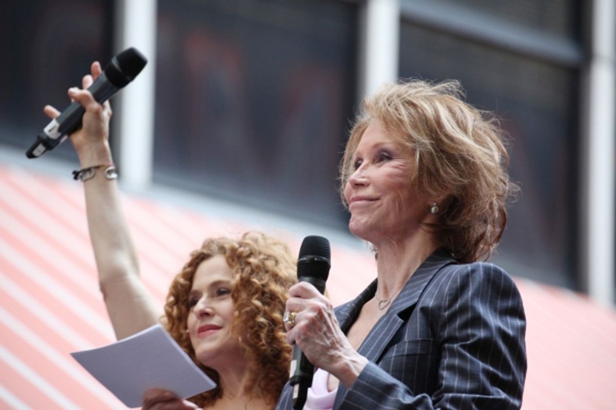 Bernadette Peters & Mary Tyler Moore  onstage at Broadway Barks 14 at the Booth Theatre on July 14, 2012 in New York City. Marking its 14th anniversary, Broadway Barks!, founded by Bernadette Peters and Mary Tyler Moore helps many of New York CityÃ'â€¢s s at 