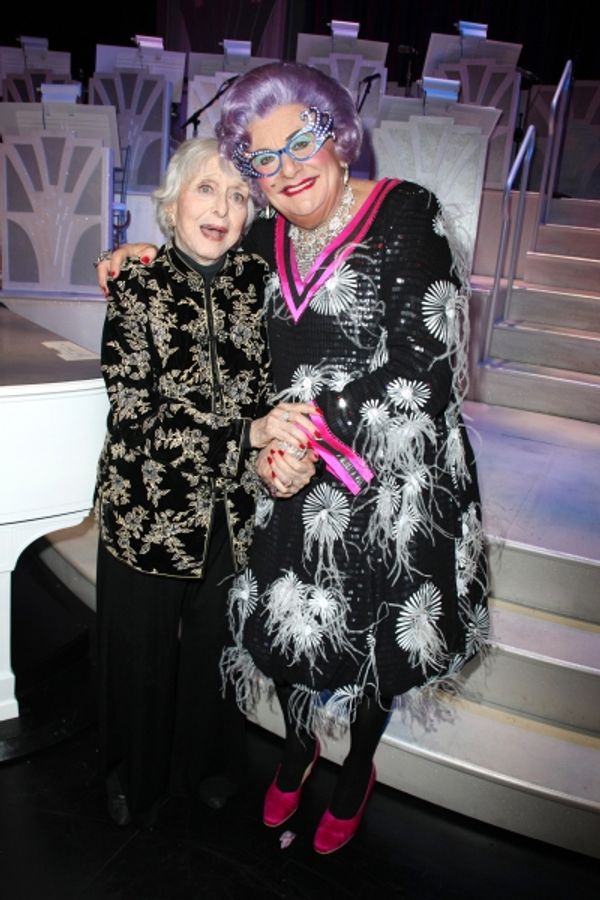 Dame Edna & Celeste Holm backstage after  the Broadway Opening Finale & Night Curtain Photo