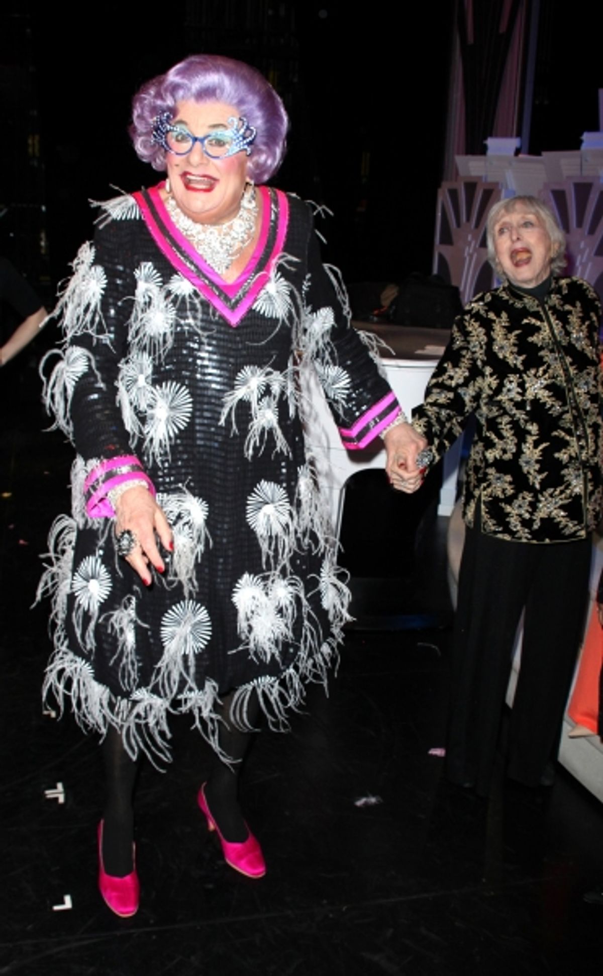 Dame Edna & Celeste Holm backstage after  the Broadway Opening Finale & Night Curtain Call for ALL ABOUT ME at the Henry Miller Theatre in New York City. March 18, 2010 at 