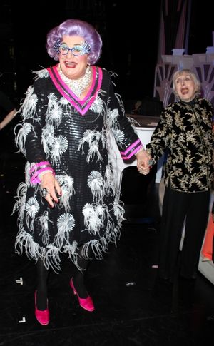 Dame Edna & Celeste Holm backstage after the Broadway Opening Finale & Night Curtain Call for ALL ABOUT ME at the Henry Miller Theatre in New York City. March 18, 2010 @ BroadwayWorld Dame Edna & Celeste Holm backstage after the Broadway Opening Finale & Night Curtain Photo