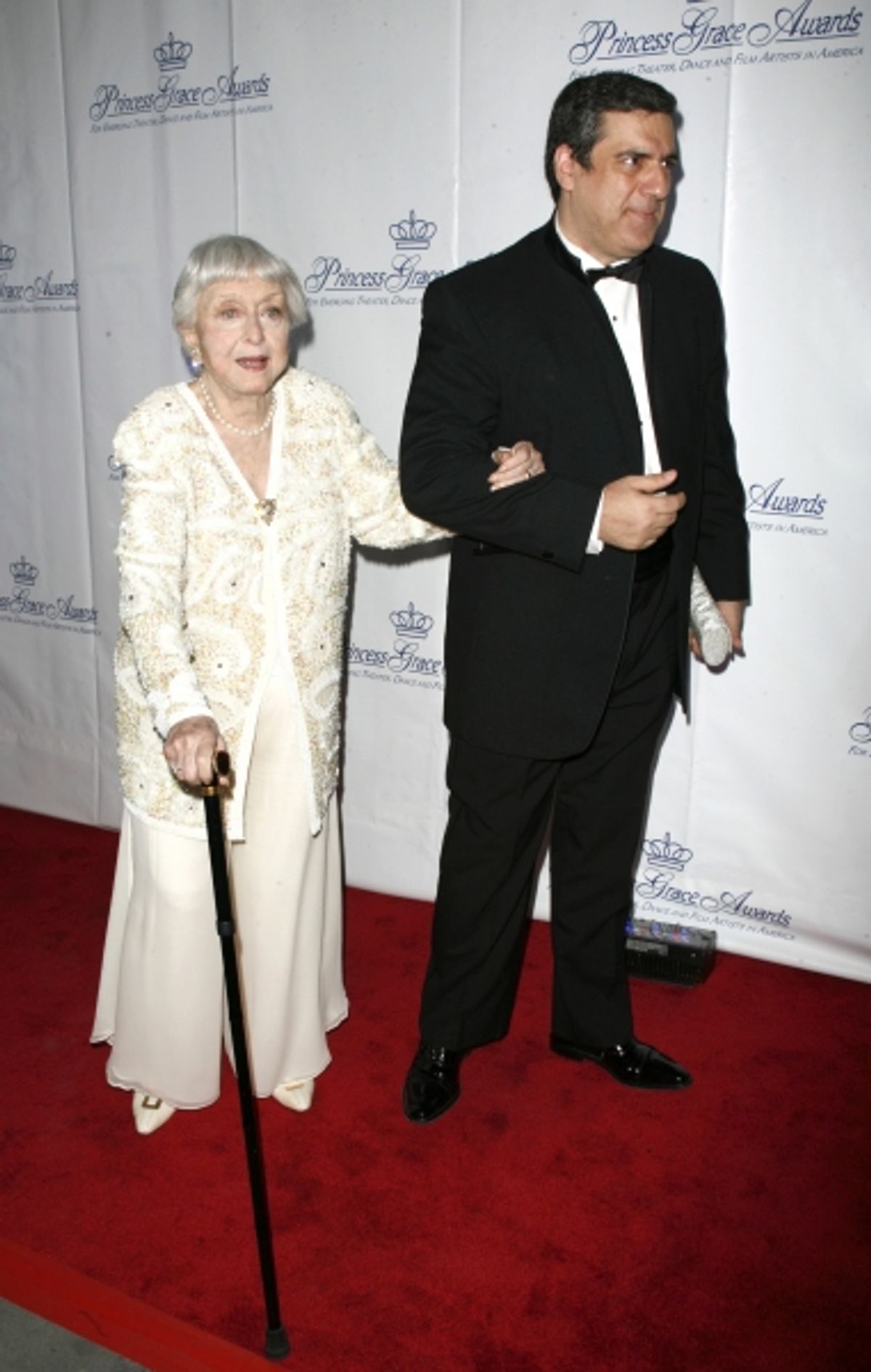 Celeste Holm  & husband Frank Basile arriving for the Princess Grace Awards honoring Glenn Close at Cipriani 42nd Street in New York City. October 15, 2008 at 