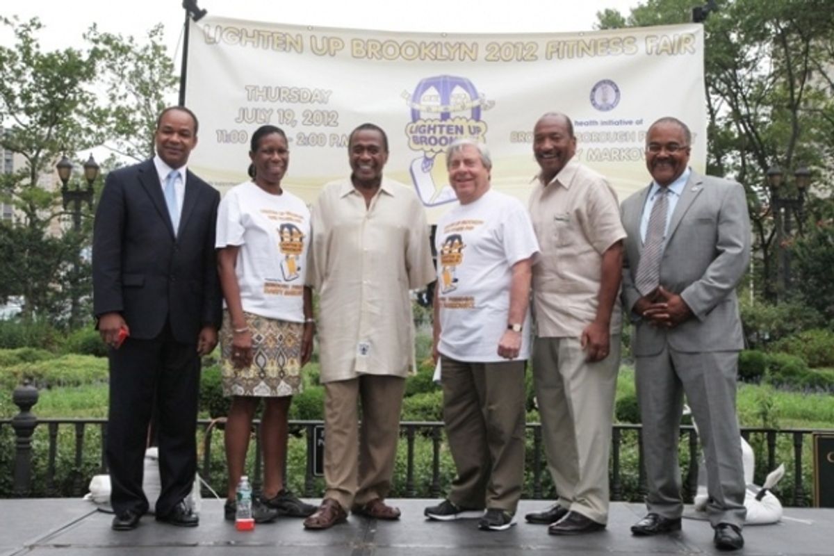 Dr. Lesly Kernisant, CEO, Preferred Health Partners; Deputy Borough President Sandra Chapman; Ben Vereen; BP Markowitz; George Hulse, vice president of External Affairs, Healthfirst; Brooklyn Parks Commissioner Kevin Jeffrey at 