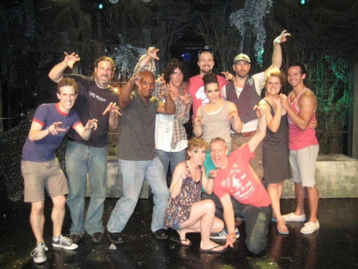 Lindsay Nicole Chambers and Chris Barron (front) with The Spin Doctors and the Cast of TRIASSIC PARQ The Musical at the SoHo Playhouse at 