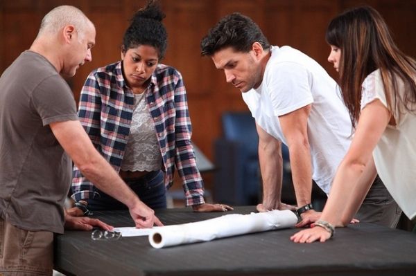 Choreographer Doug Varone in rehearsal with Rebecca Naomi Jones, Will Swenson, and De Photo
